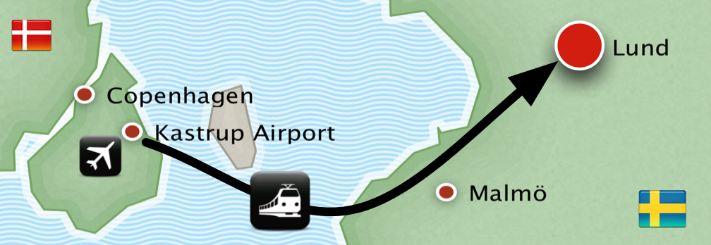 Map over the trip from Copenhagen Airport to Lund